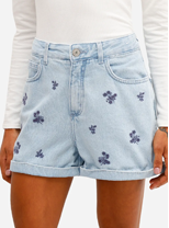 short mom feminino jeans com bordado floral azul